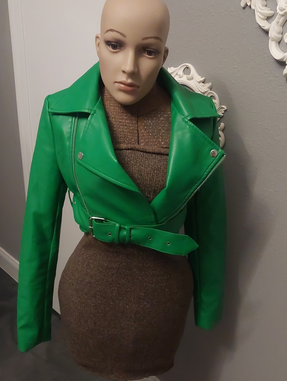 PrettyLittleThing Bright Green Faux Leather Belted Moto Jacket